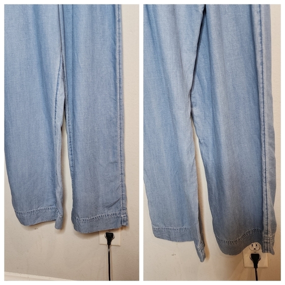 Loft Linen Lyocell Chambray Ruffle Strap Square Neck Jumpsuit.  Size 2. Pockets - Picture 9 of 16